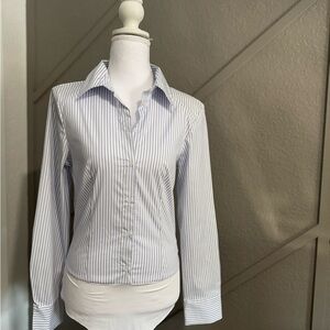 Zara Women's Blue and White Striped Button Down Shirt
